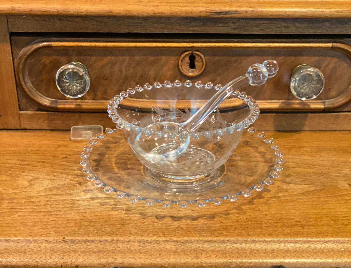 Beaded Glass Condiment Bowl Plate and Spoon Candlewick Boopie