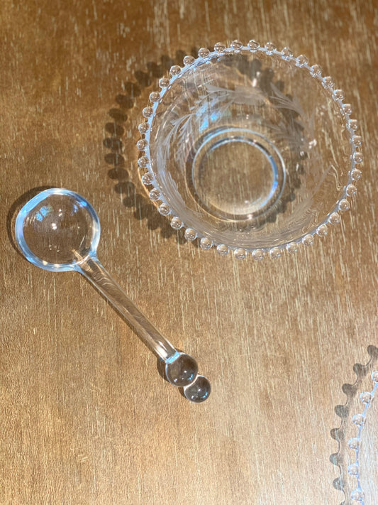 Beaded Glass Condiment Bowl Plate and Spoon Candlewick Boopie