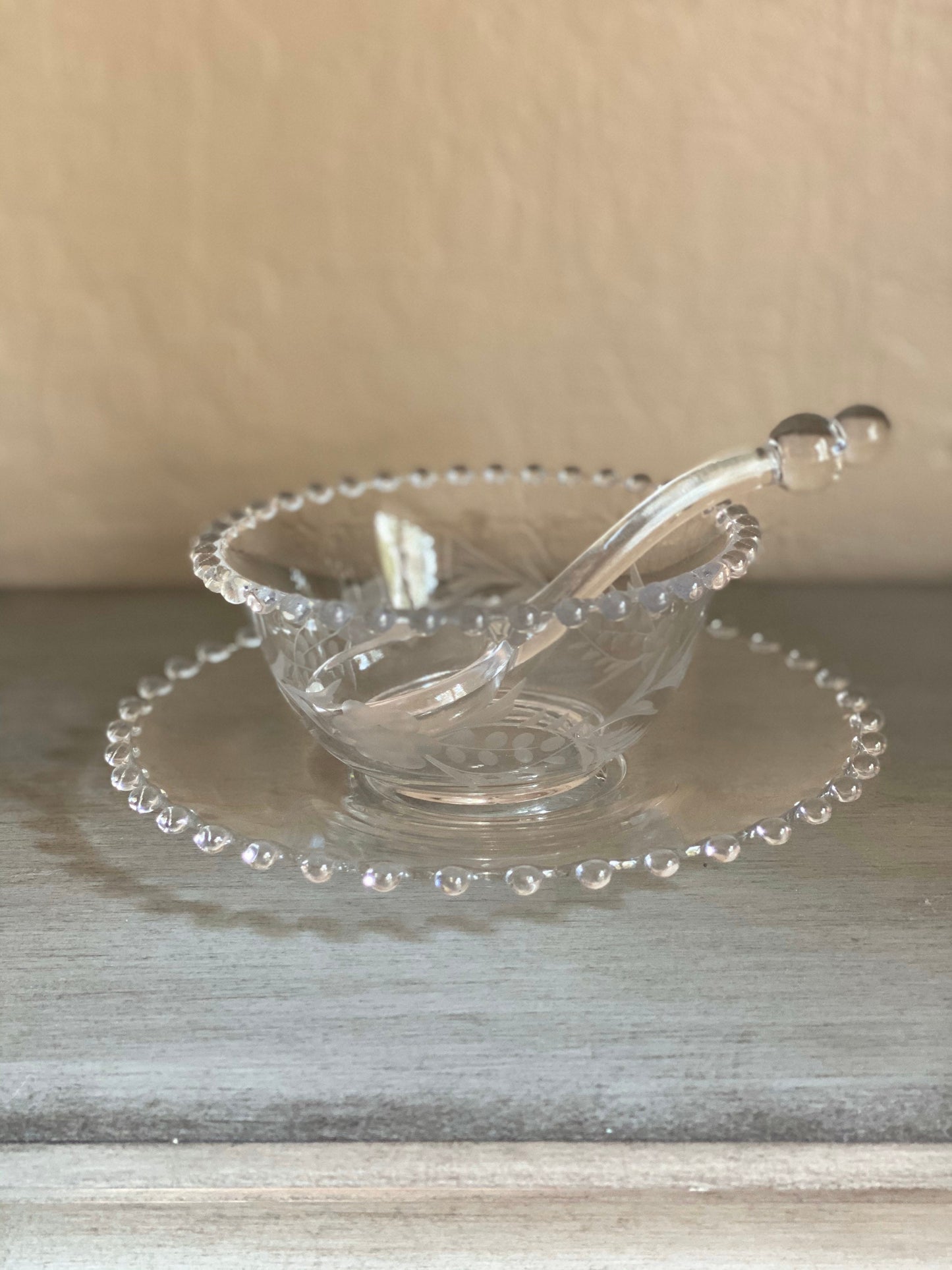 Beaded Glass Condiment Bowl Plate and Spoon Candlewick Boopie