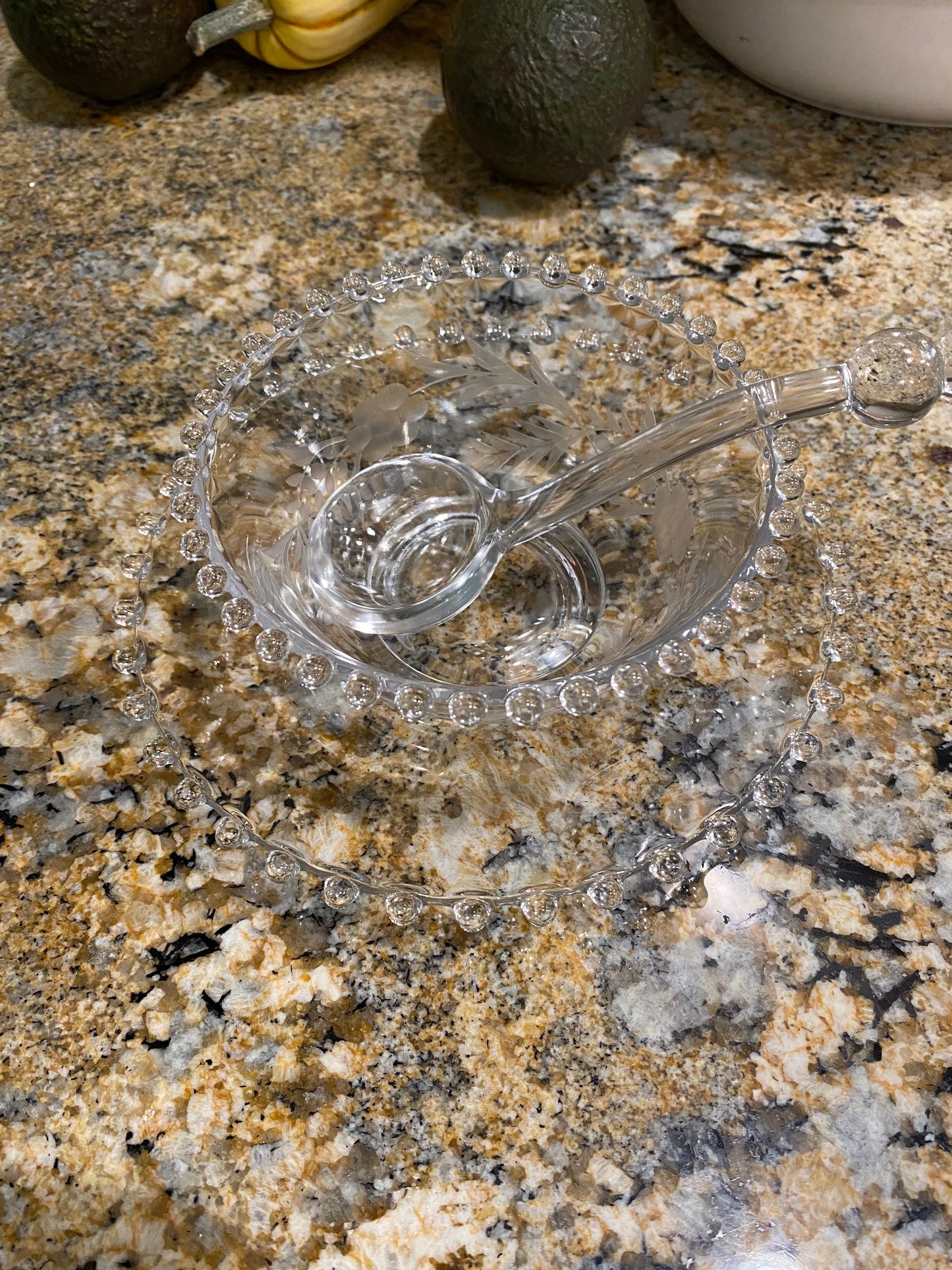 Beaded Glass Condiment Bowl Plate and Spoon Candlewick Boopie