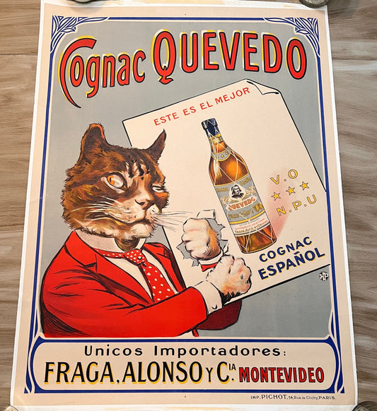 1920 Cognac Quevedo Cat Spanish Linen Backed Poster