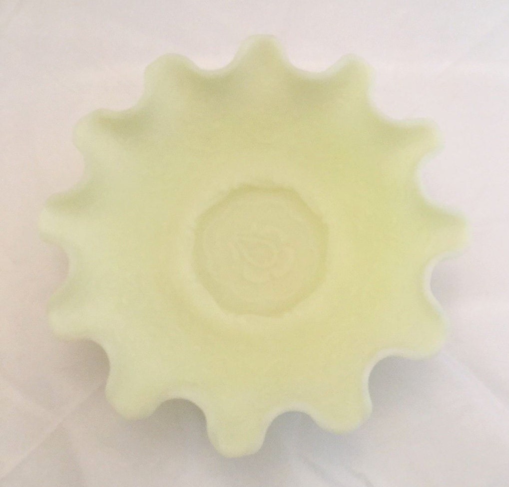 Fenton Lime Green Frosted Satin Glass Bowl with fluted edges Green Sherbert Fenton Candy Dish
