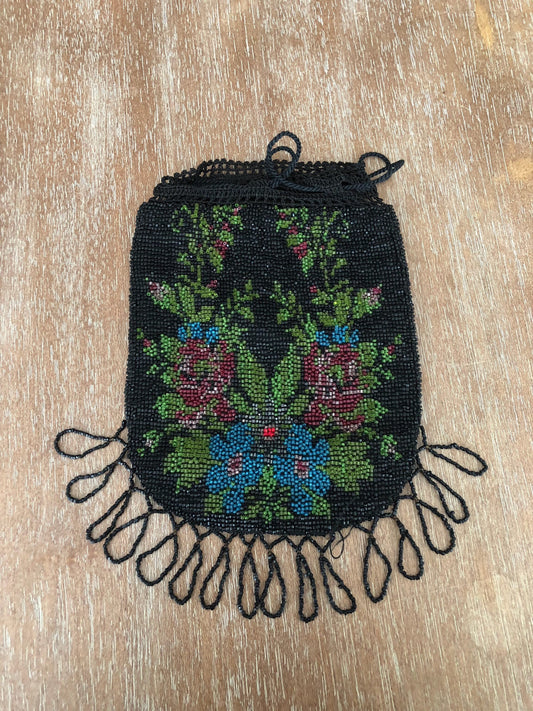 Antique Black Floral Beaded Purse Vintage Handbag