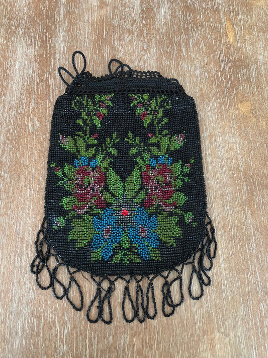 Antique Black Floral Beaded Purse Vintage Handbag