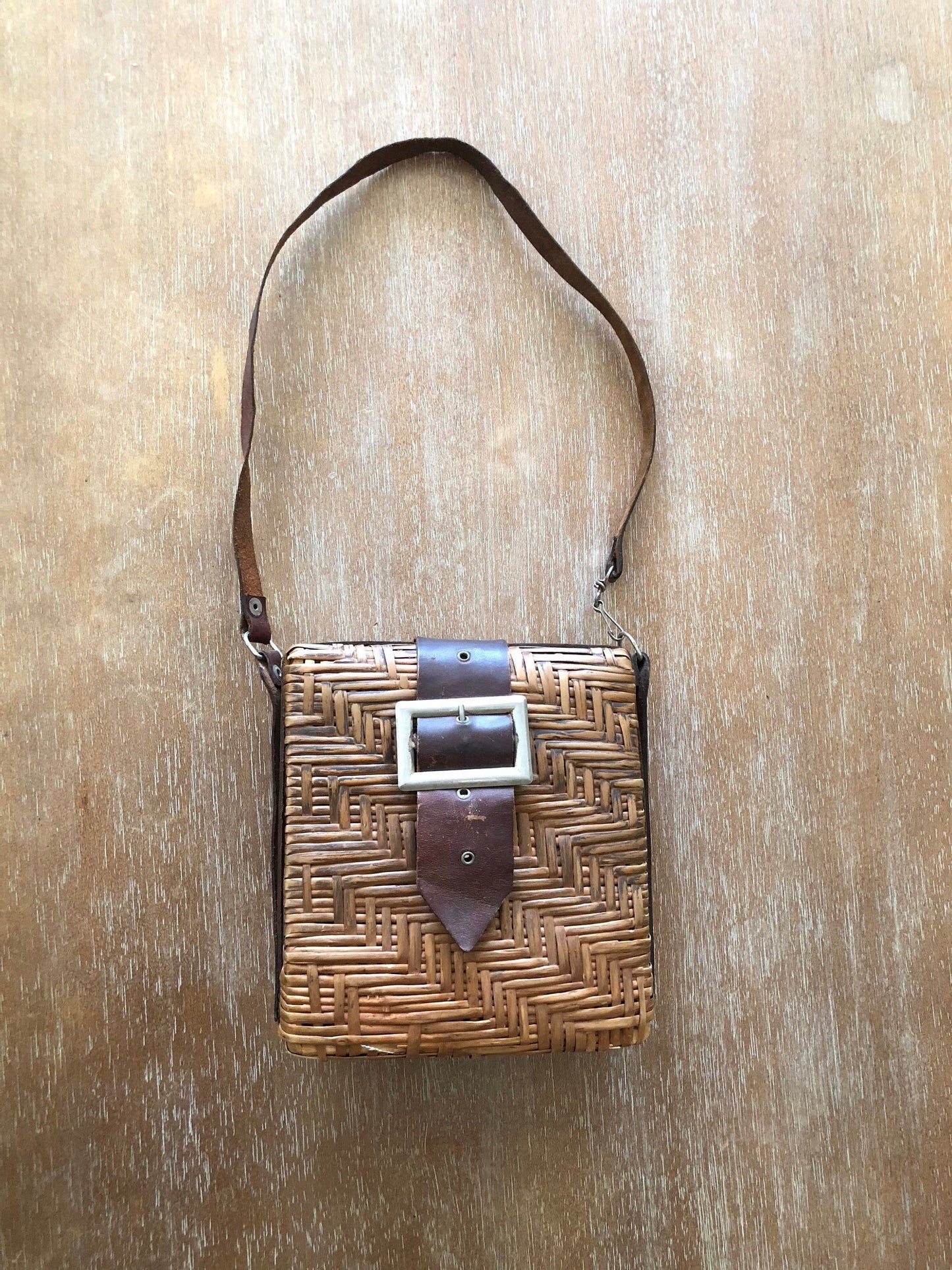 Vintage Homa Brown Leather and Rattan Handbag