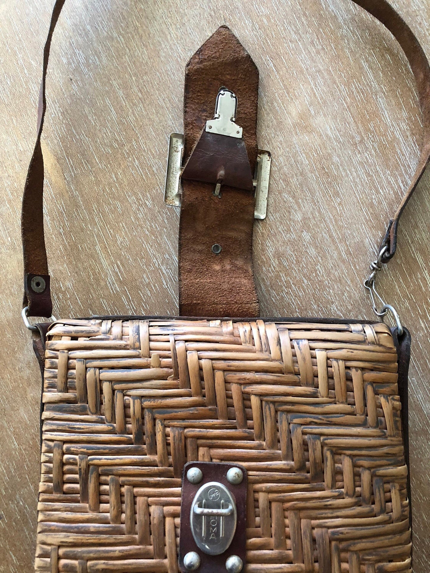 Vintage Homa Brown Leather and Rattan Handbag