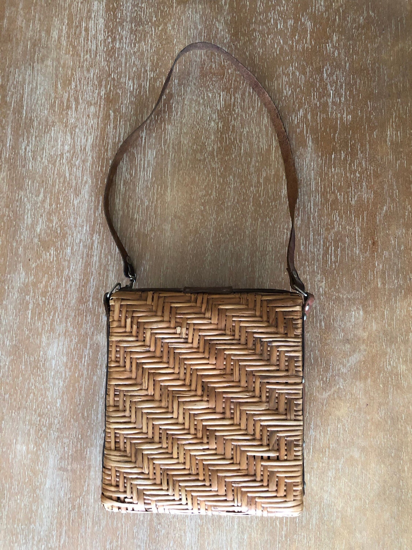 Vintage Homa Brown Leather and Rattan Handbag