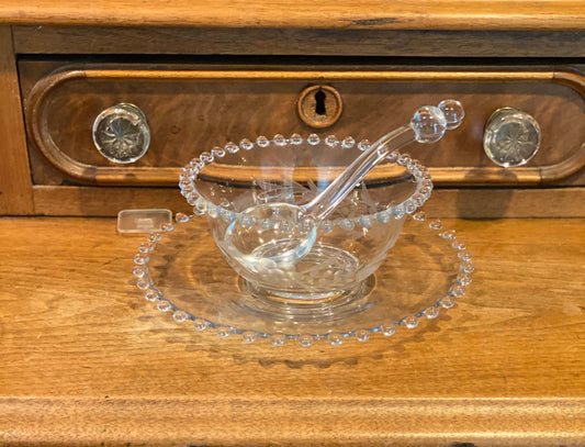 Beaded Glass  Condiment Bowl Plate and Spoon Candlewick Boopie