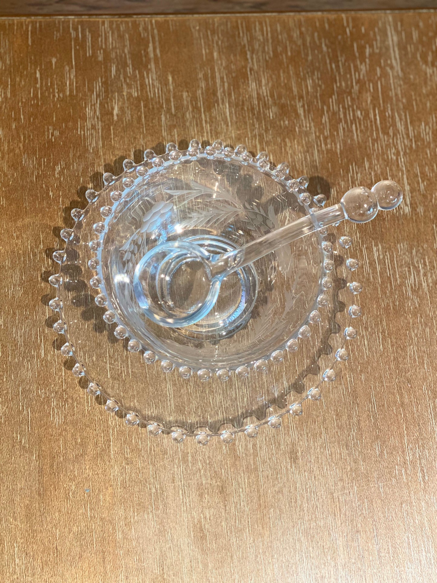 Beaded Glass  Condiment Bowl Plate and Spoon Candlewick Boopie