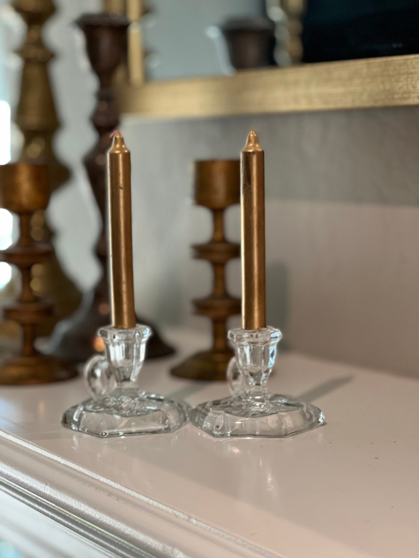 Vintage Heisey Small Candle Holders Glass Chambersticks Mini Candlesticks