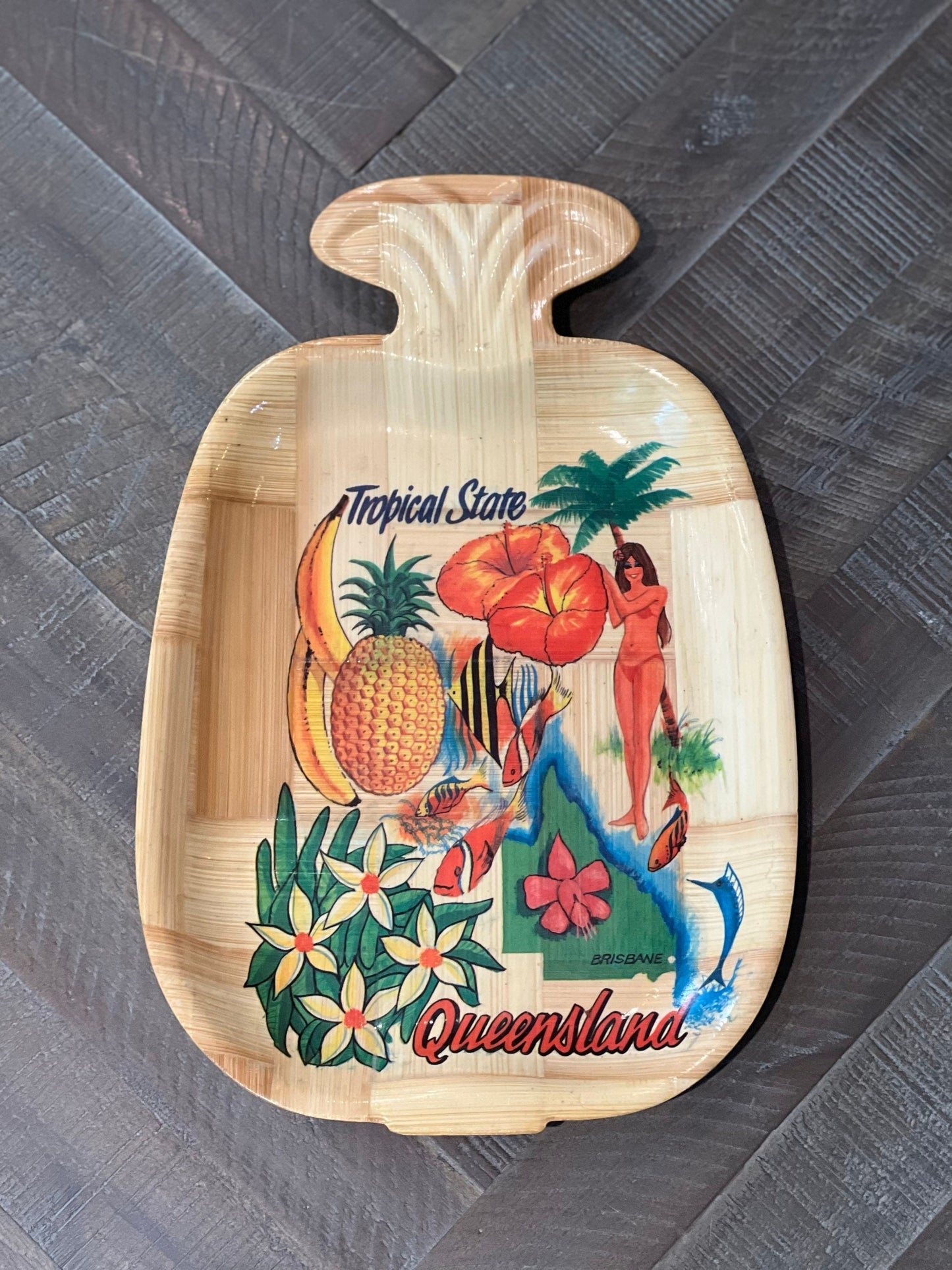 Vintage Australia Tropical Souvenir Bamboo Plates Queensland Keepsake Pineapple Plates