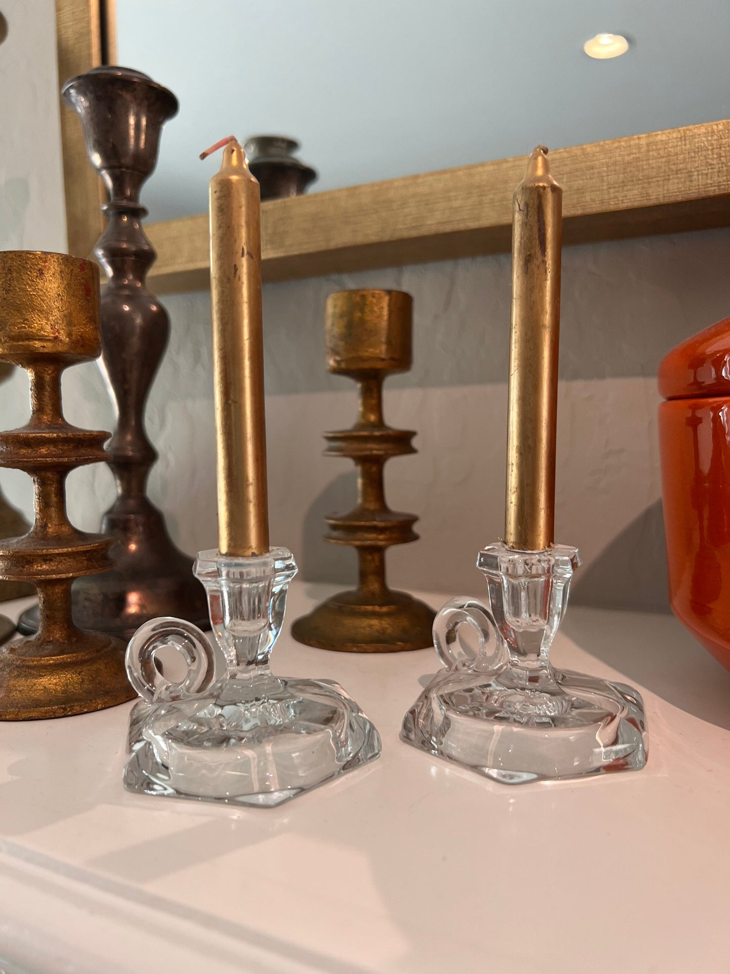 Vintage Heisey Small Candle Holders Glass Chambersticks Mini Candlesticks